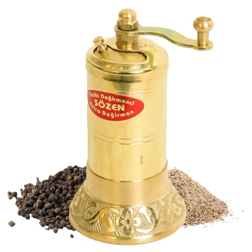 Ottoman Inspirations Sozen 4.3" Manual Pepper Grinder Brass – Handmade Turkish Pepper Mill, Conical Burr Spice Grinder, Portable Hand Crank Mill for Salt, Peppercorns, and Other Spices with Durable Brass Decor - Image 1