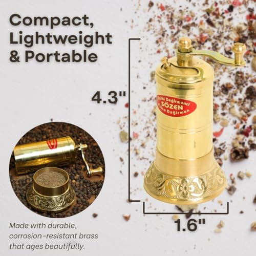 Ottoman Inspirations Sozen 4.3" Manual Pepper Grinder Brass – Handmade Turkish Pepper Mill, Conical Burr Spice Grinder, Portable Hand Crank Mill for Salt, Peppercorns, and Other Spices with Durable Brass Decor - Image 3