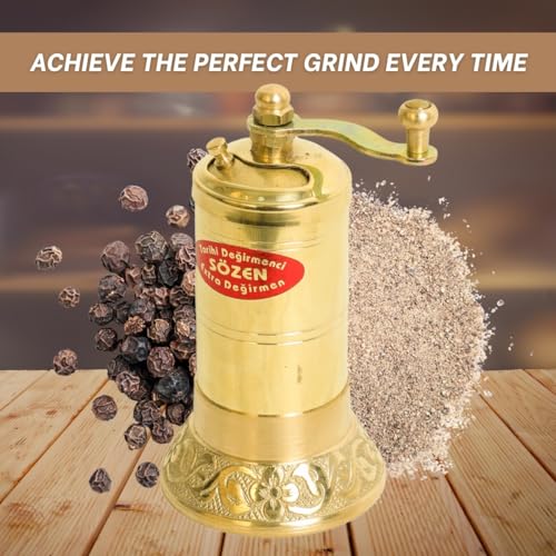 Ottoman Inspirations Sozen 4.3" Manual Pepper Grinder Brass – Handmade Turkish Pepper Mill, Conical Burr Spice Grinder, Portable Hand Crank Mill for Salt, Peppercorns, and Other Spices with Durable Brass Decor - Image 5