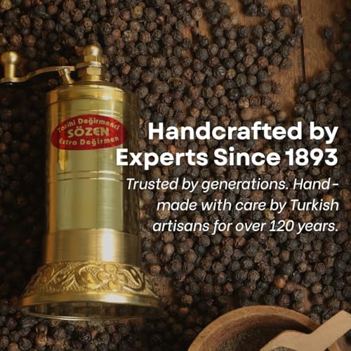 Ottoman Inspirations Sozen 4.3" Manual Pepper Grinder Brass – Handmade Turkish Pepper Mill, Conical Burr Spice Grinder, Portable Hand Crank Mill for Salt, Peppercorns, and Other Spices with Durable Brass Decor - Image 4