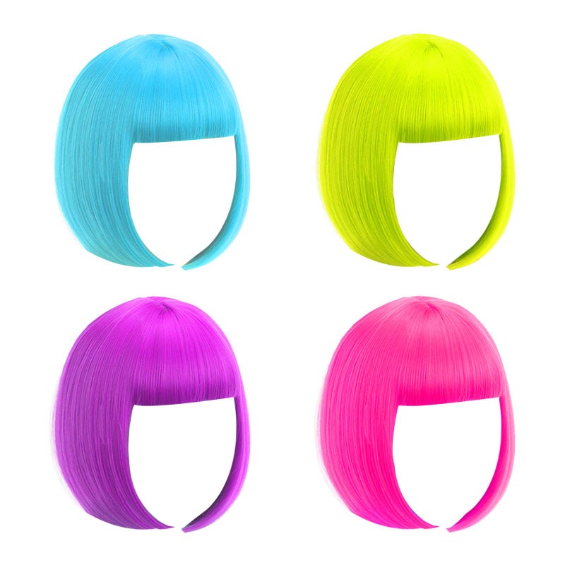 LIULIUBTY Short Bob Wig, 4 Pieces Colorful Wigs, 12" Cosplay Wigs with Flat Bangs, Neon Colored Wig for Women Party Favors Bachelorette Party Night Club with Extra Wig Cap - Image 1