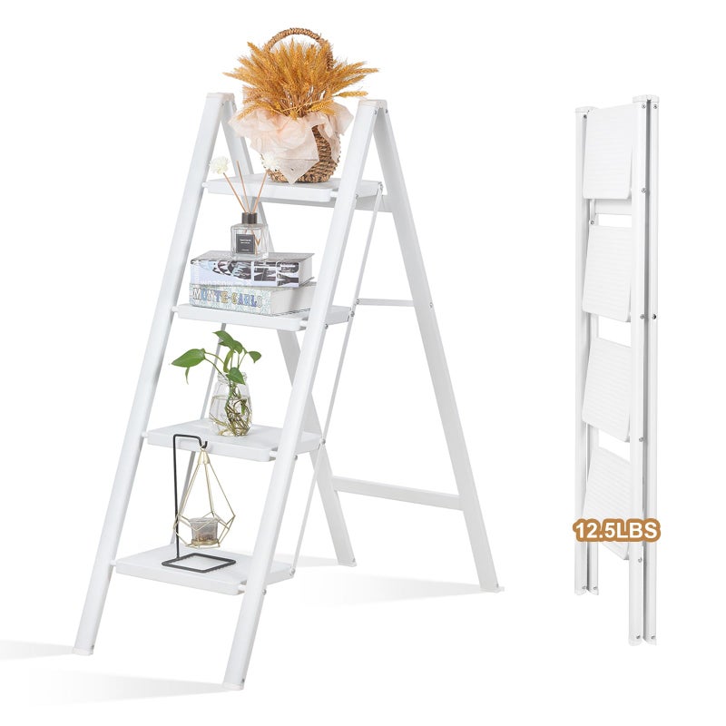 LEADALLWAY Lightweight 4 Step Closet Step Ladder Designed Specifically for Women Folding Step Stool Ladder for Home, Kitchen Plant Stand Adder 330 Lbs Capacity,White - Image 1
