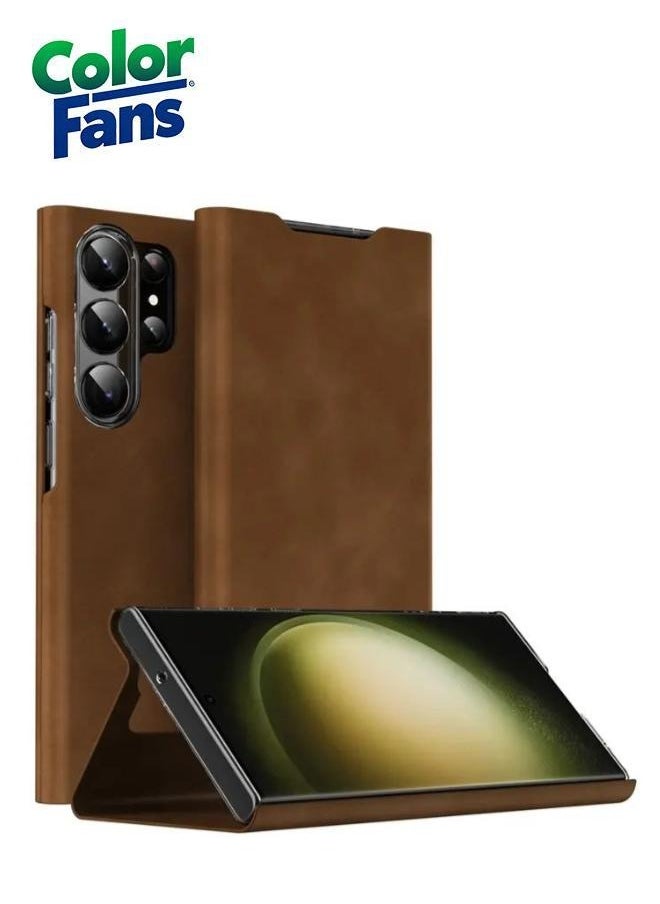 Color Fans Samsung Galaxy S24 Ultra Luxury Nappa PU Leather Case Sleek PC Cover with Card Holder Magnetic Closure and Wireless Charging Compatibility - Brown  - Image 1