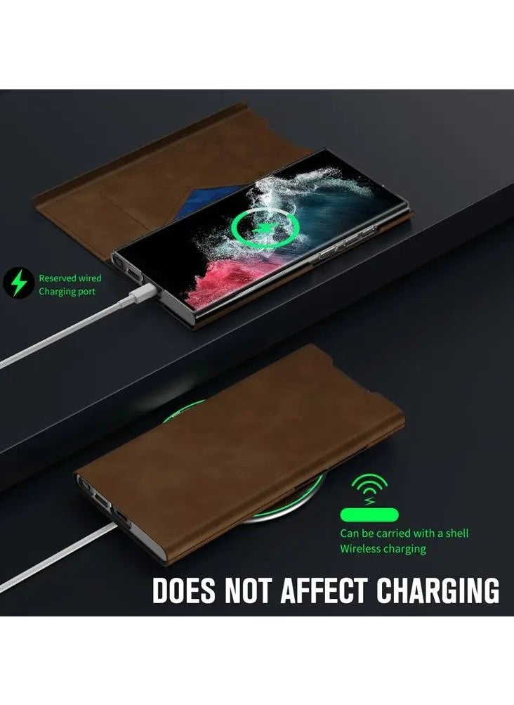 Color Fans Samsung Galaxy S24 Ultra Luxury Nappa PU Leather Case Sleek PC Cover with Card Holder Magnetic Closure and Wireless Charging Compatibility - Brown  - Image 2