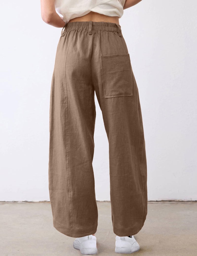 Tanming Womens Linen Pants Casual Capri Baggy Wide Leg Trousers Palazzo Pants Beach Vacation Outfits(DarkKhaki-L) - Image 3