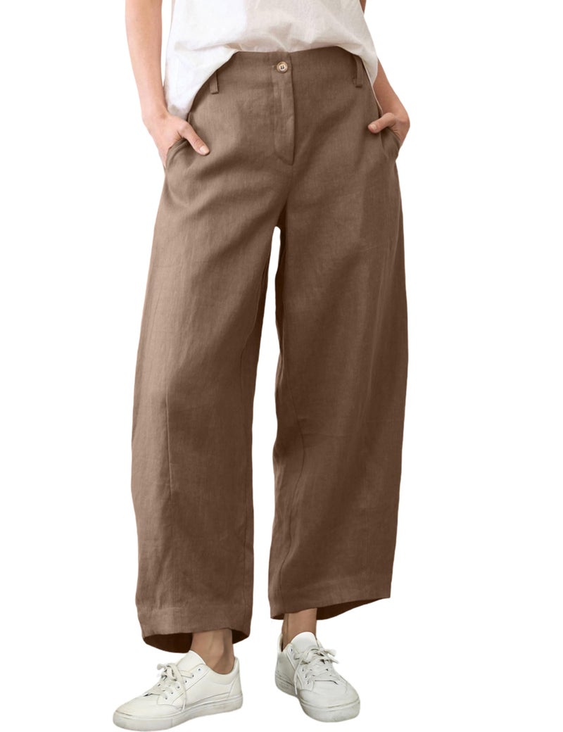Tanming Womens Linen Pants Casual Capri Baggy Wide Leg Trousers Palazzo Pants Beach Vacation Outfits(DarkKhaki-L) - Image 1