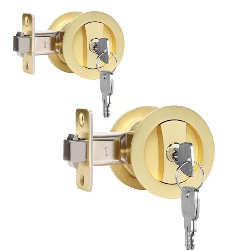 Dontay Pocket Door Keyed Lock Round Contemporary Entrance Sliding Barn Door Lock Latch Recessed 2 Sided 238 inch Backset Flush Handles HardwareSatin Brass2 - Image 1