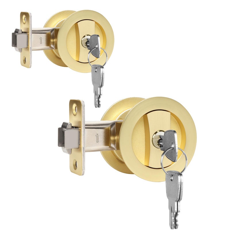 Dontay Pocket Door Keyed Lock Round Contemporary Entrance Sliding Barn Door Lock Latch Recessed 2 Sided 238 inch Backset Flush Handles HardwareSatin Brass2 - Image 2