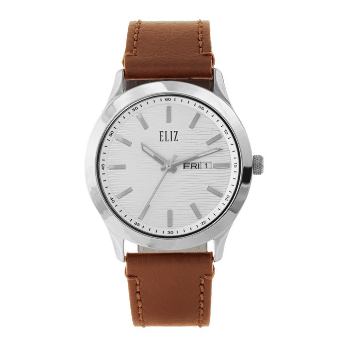 ELIZ ES8923G1SSD SS Caseback & Leather Strap Day-Date Men's Watch - Image 1