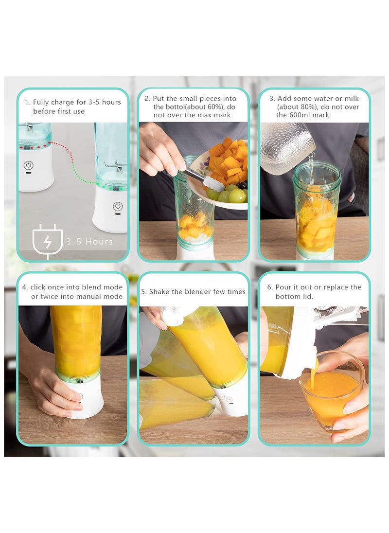 Perfin - Portable Blender 600ml, 6-point Blade Mini Blender, USB Rechargeable Personal Blender for Shakes, Smoothies, Fresh Juice, Baby Food, Vegetables，White - Image 1