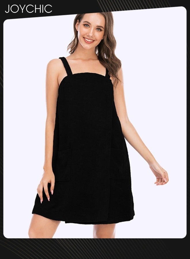 Joychic Women Solid Color Polyester Skin-friendly and Absorb- water Bathrobe Massage Stickers Suspenders Nightgown with Pockets for All Seasons Black - Image 1