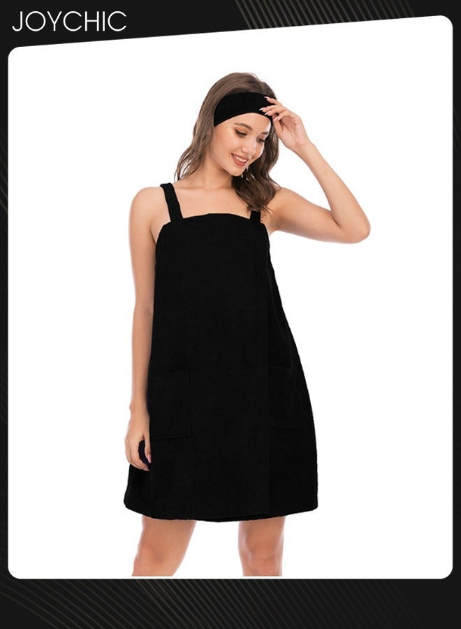 Joychic Women Solid Color Polyester Skin-friendly and Absorb- water Bathrobe Massage Stickers Suspenders Nightgown with Pockets for All Seasons Black - Image 2