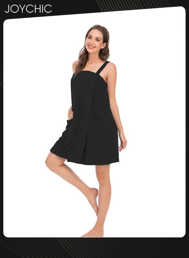 Joychic Women Solid Color Polyester Skin-friendly and Absorb- water Bathrobe Massage Stickers Suspenders Nightgown with Pockets for All Seasons Black - Image 3