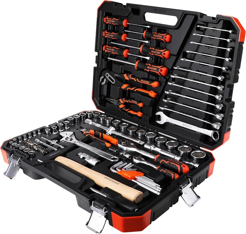 REALTEK 100 Piece Mechanics Tool Kit - Premium Cr-V Constructed Hand Tool Set for Home and Auto Repair - Image 1