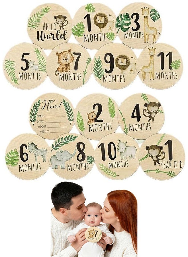 7 Pcs Wooden Baby Monthly Milestone Cards, Double Sided Round Newborn Welcome Announcement Signs, Photography Props for Baby Shower Eid Gender Reveal Gifts - Image 1