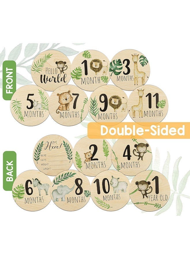 7 Pcs Wooden Baby Monthly Milestone Cards, Double Sided Round Newborn Welcome Announcement Signs, Photography Props for Baby Shower Eid Gender Reveal Gifts - Image 2