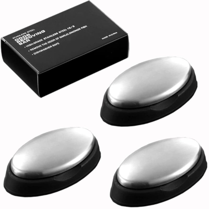 Azonee Stainless Steel Soap Bar, 3 Pcs Deodorant Metal Soap Bar, Odor Removing Soap Bar with Soap Dish, Magic Hand Odor Absorber Remover, Remove Odor of Onion, Garlic and Fish etc