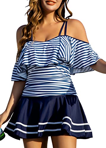 COCOPEAR One Piece Swimsuit Women Plus Size Bathing Suit Off Shoulder Tummy Control Swim Dress 2026 Navy Stripe - Image 5