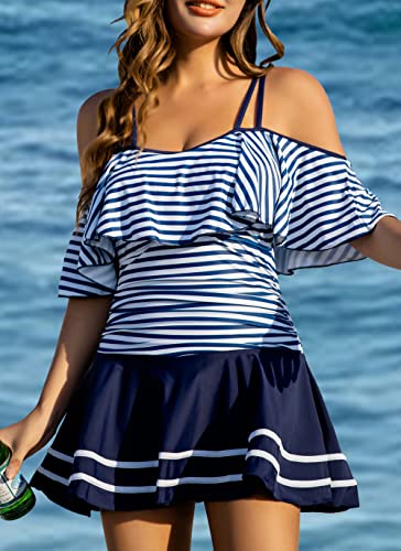 COCOPEAR One Piece Swimsuit Women Plus Size Bathing Suit Off Shoulder Tummy Control Swim Dress 2026 Navy Stripe - Image 2