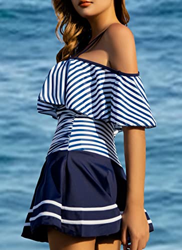 COCOPEAR One Piece Swimsuit Women Plus Size Bathing Suit Off Shoulder Tummy Control Swim Dress 2026 Navy Stripe - Image 3