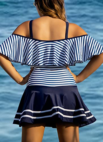COCOPEAR One Piece Swimsuit Women Plus Size Bathing Suit Off Shoulder Tummy Control Swim Dress 2026 Navy Stripe - Image 4