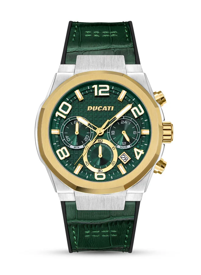 دوكاتي Ducati DT006 Chronograph Watch - 43.5MM Multi-Layered Dial, Green Leather Strap with Silicon Base, Water Resistant up to 50M, Bold Gold Accents for Racing Enthusiasts