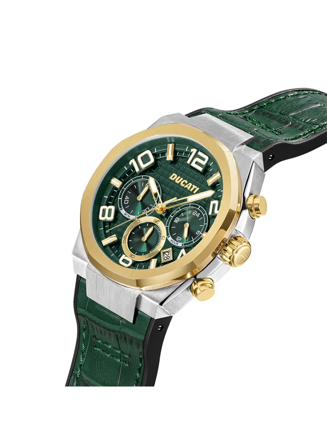 دوكاتي Ducati DT006 Chronograph Watch - 43.5MM Multi-Layered Dial, Green Leather Strap with Silicon Base, Water Resistant up to 50M, Bold Gold Accents for Racing Enthusiasts