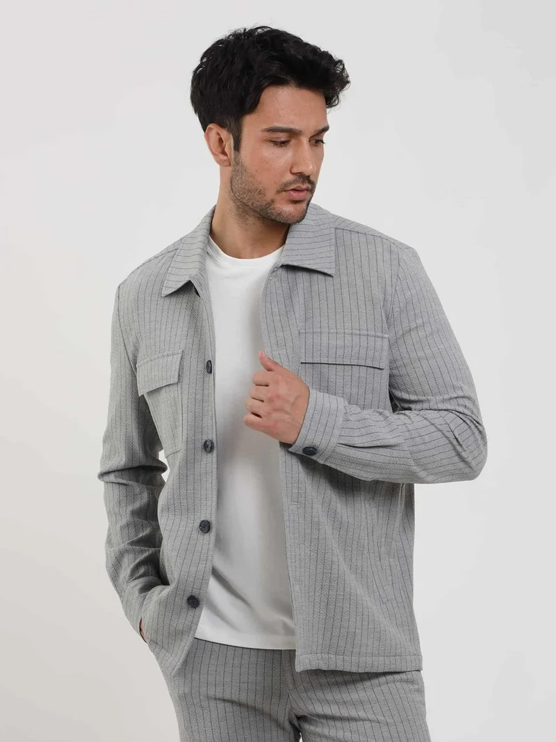 دوفي Gray Men's Regular Fit Striped Brent Collar Long Sleeve Shirt - 108659