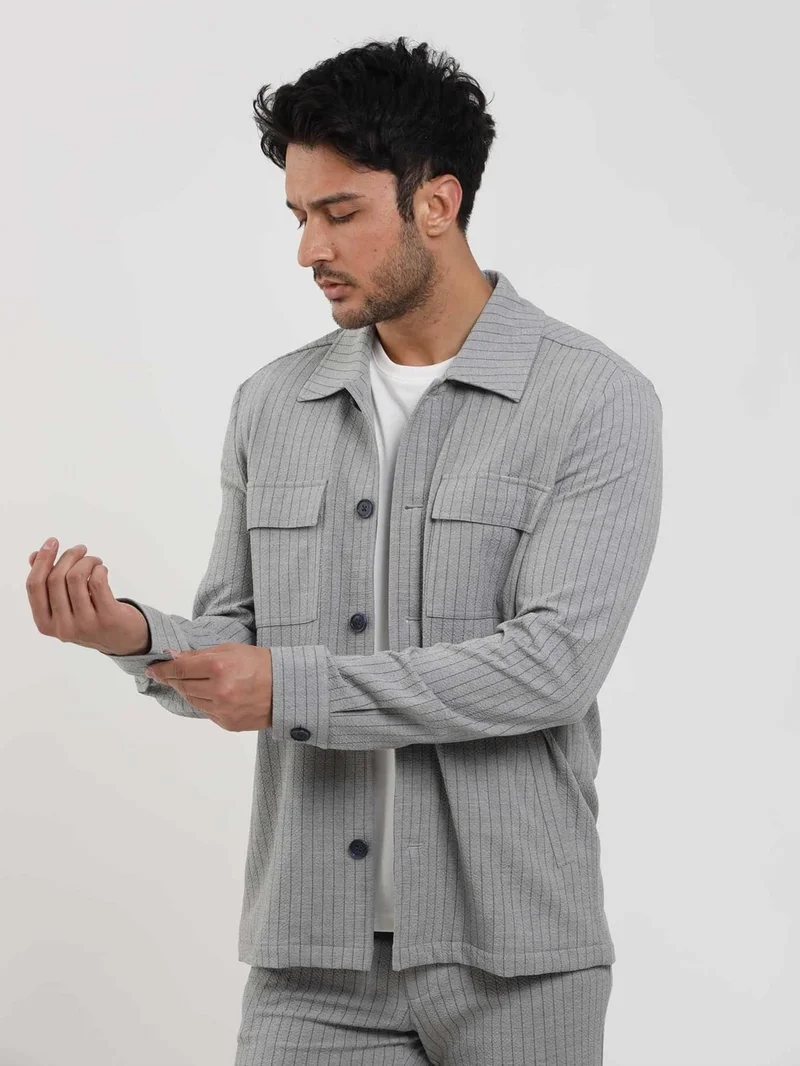 دوفي Gray Men's Regular Fit Striped Brent Collar Long Sleeve Shirt - 108659