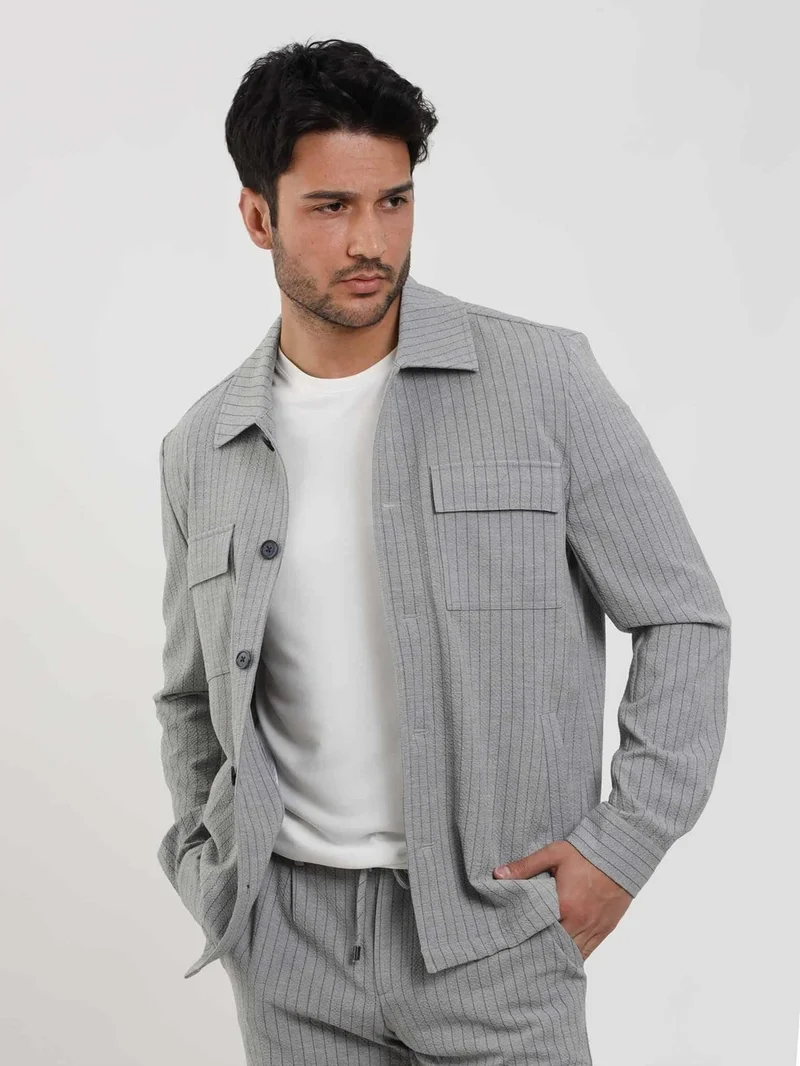 دوفي Gray Men's Regular Fit Striped Brent Collar Long Sleeve Shirt - 108659