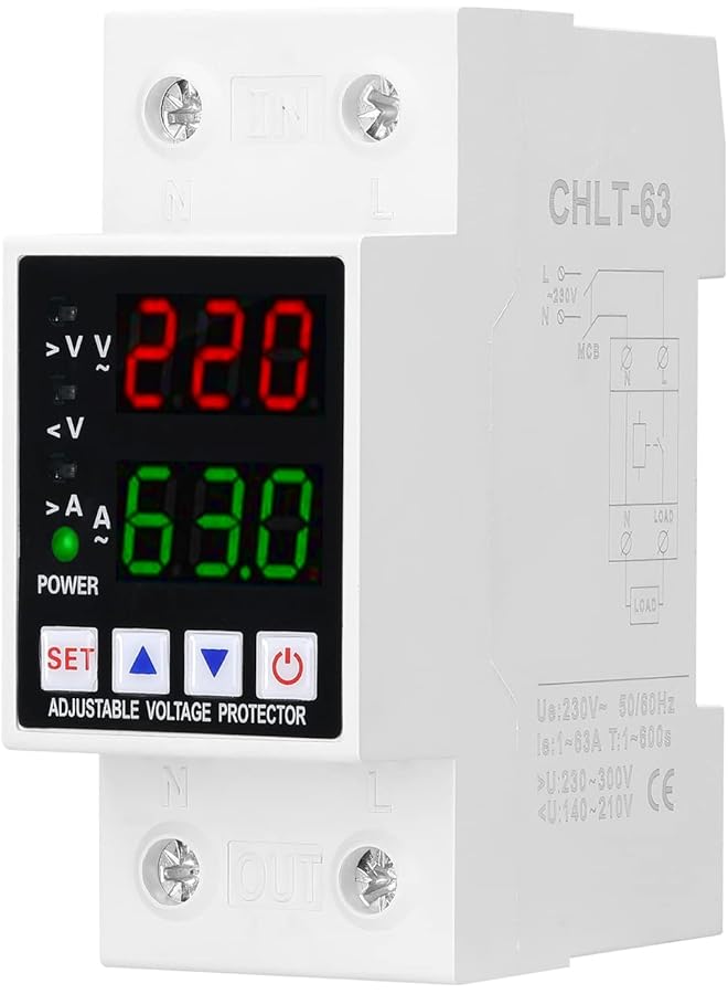 PROMASS Home Relay Self-resetting Voltage Protector, Dual Display Adjustable Voltage Protector Intelligent Over-voltage Under-voltage Over-current Protect Device Home Relay Self-resetting Voltage Protector - Image 1