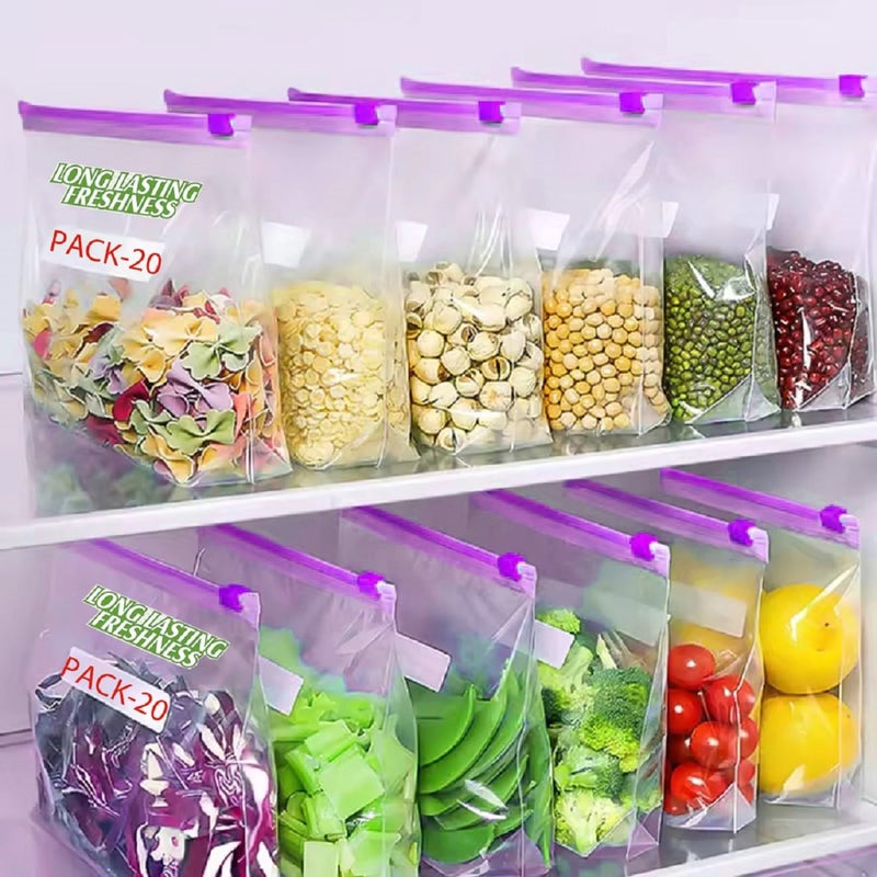 Zunbella 20 Pcs Reusable Zip Lock Bags For Food Storage Plastic Pouch With Zipper Vegetable Storage Bags For Refrigerator fridge Bags Large Ziplock Pouch Zip Bag A915 - Image 1