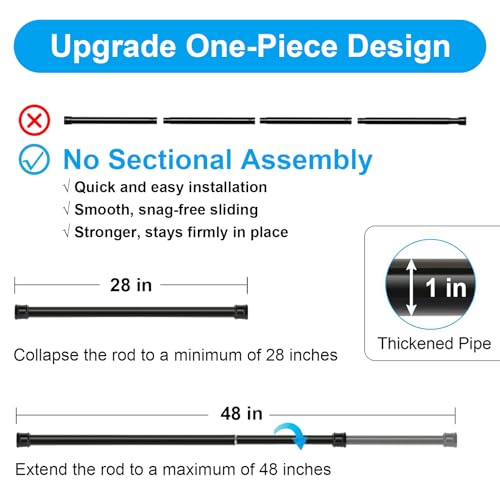 Ginbel Direct 2 Pack No Sectional Assembly Tension Curtain Rod 28-48 Inch, 1" Diameter Spring Long Adjustable Shower Curtain Rods for Bathroom Windows Closet No Drilling No Rust, Black - Image 4