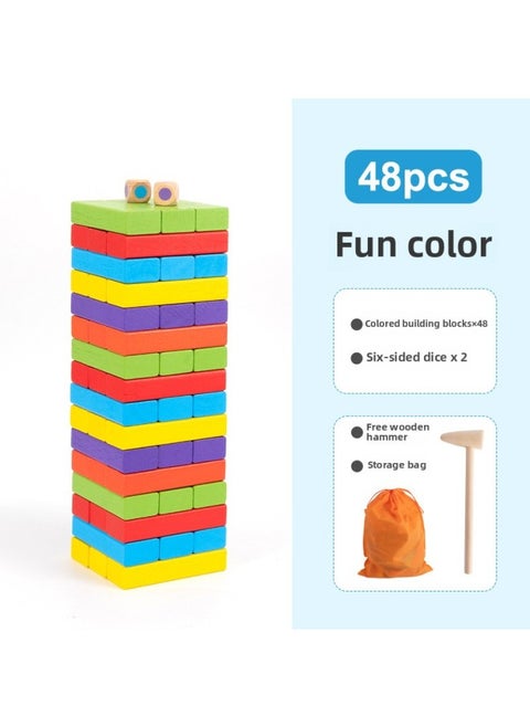 Children's Puzzle Stacking Layered High Cracking Balanced Cracking Building Blocks Stacking Wood Headline Table Game Benefit Intelligence Toys-Color:Colorful 48 Capsules [free Wooden Hammer + Storage Bag]