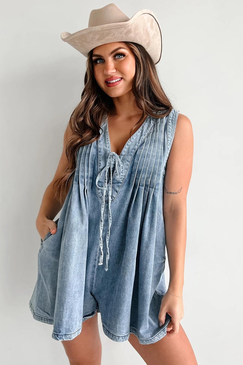yoeasy Women's Sleeveless V Neck Shorts Denim Romper Tie Front Ruffle Jean Short Overall With Pocket (Small, Light Blue) - Image 4