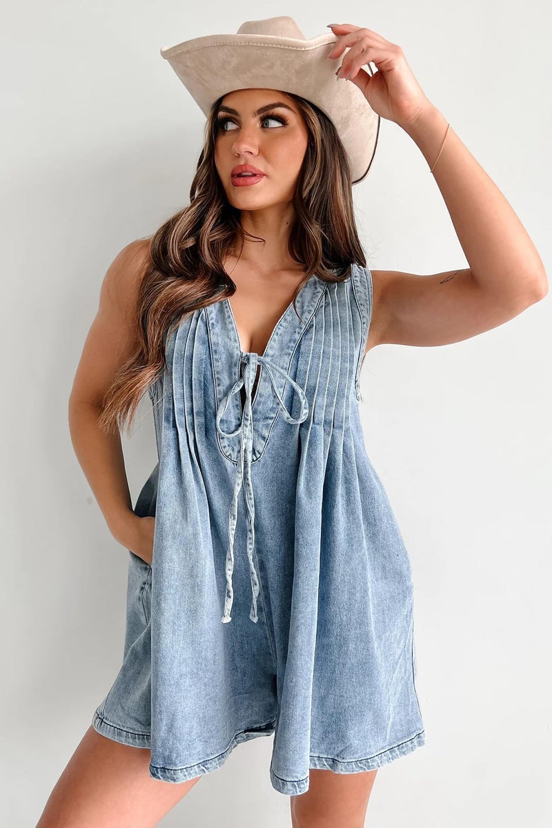 yoeasy Women's Sleeveless V Neck Shorts Denim Romper Tie Front Ruffle Jean Short Overall With Pocket (Small, Light Blue) - Image 3