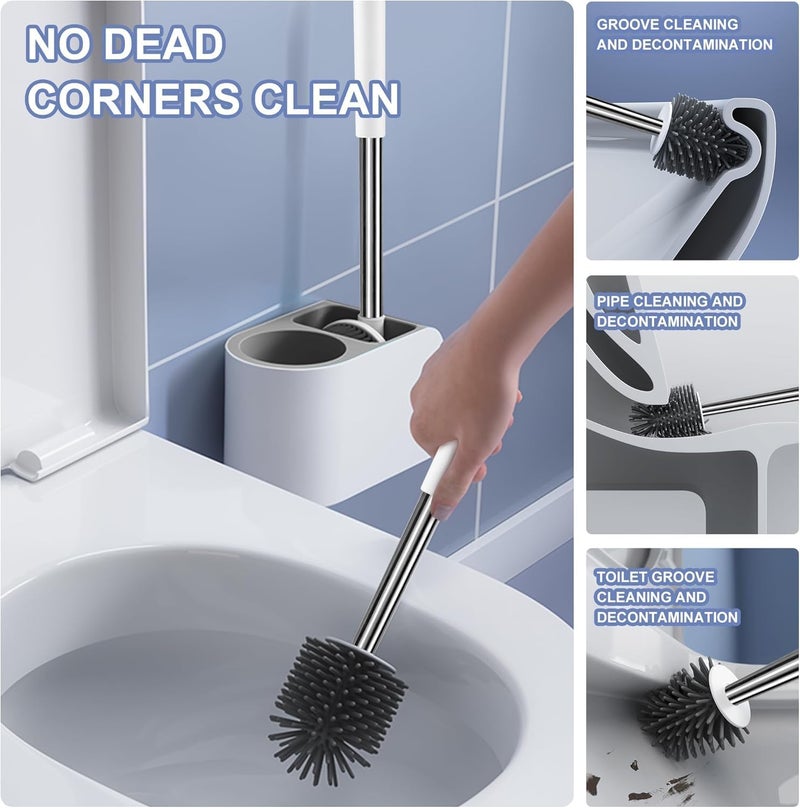 Noridy Silicone Toilet Brush with Holder Set Free Stand Sleek Toilet Cleaner Brush with Ventilated Drying Stand and Adhesive Wall Mounted Toilet Cleaning Floor Scrubber Brushes - Image 3