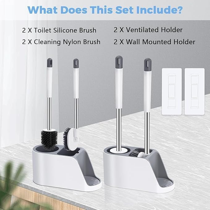 Noridy Silicone Toilet Brush with Holder Set Free Stand Sleek Toilet Cleaner Brush with Ventilated Drying Stand and Adhesive Wall Mounted Toilet Cleaning Floor Scrubber Brushes - Image 2