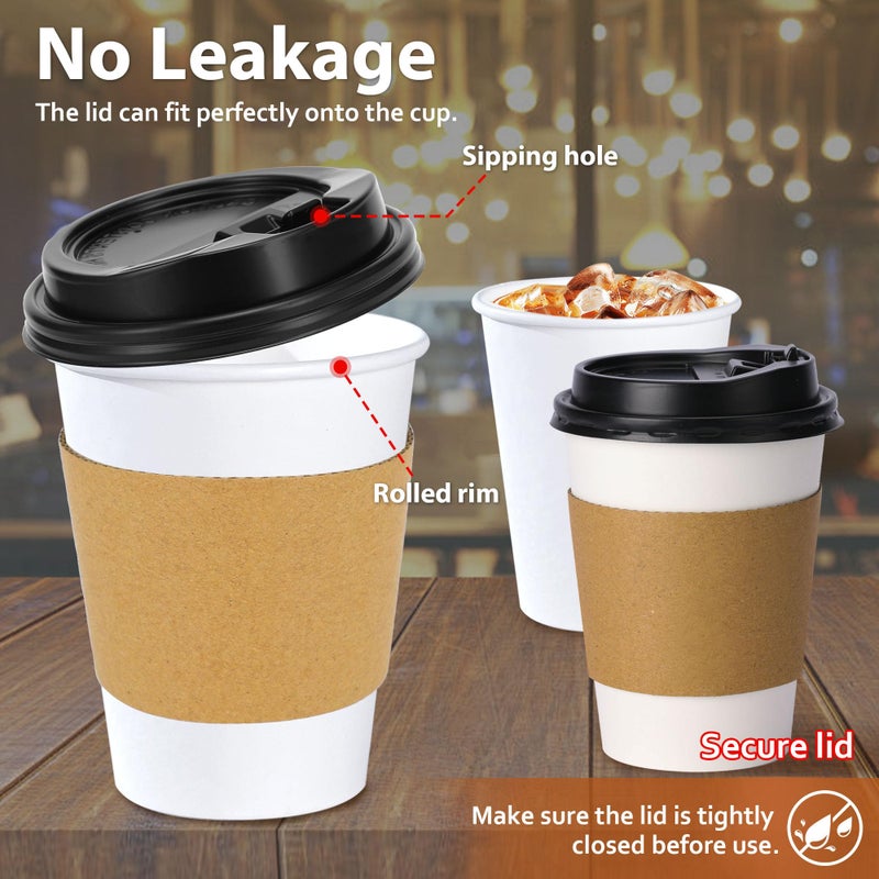 Clawsoff 100 Pack 12 oz Disposable Coffee Cups with Lids and Insulated Sleeves, Leak-free Paper and Sturdy Thick Paper Hot to Go Coffee Cups with Lids for Cold/Hot Beverage (White) - Image 3
