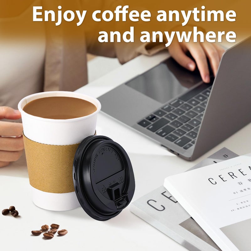 Clawsoff 100 Pack 12 oz Disposable Coffee Cups with Lids and Insulated Sleeves, Leak-free Paper and Sturdy Thick Paper Hot to Go Coffee Cups with Lids for Cold/Hot Beverage (White) - Image 4