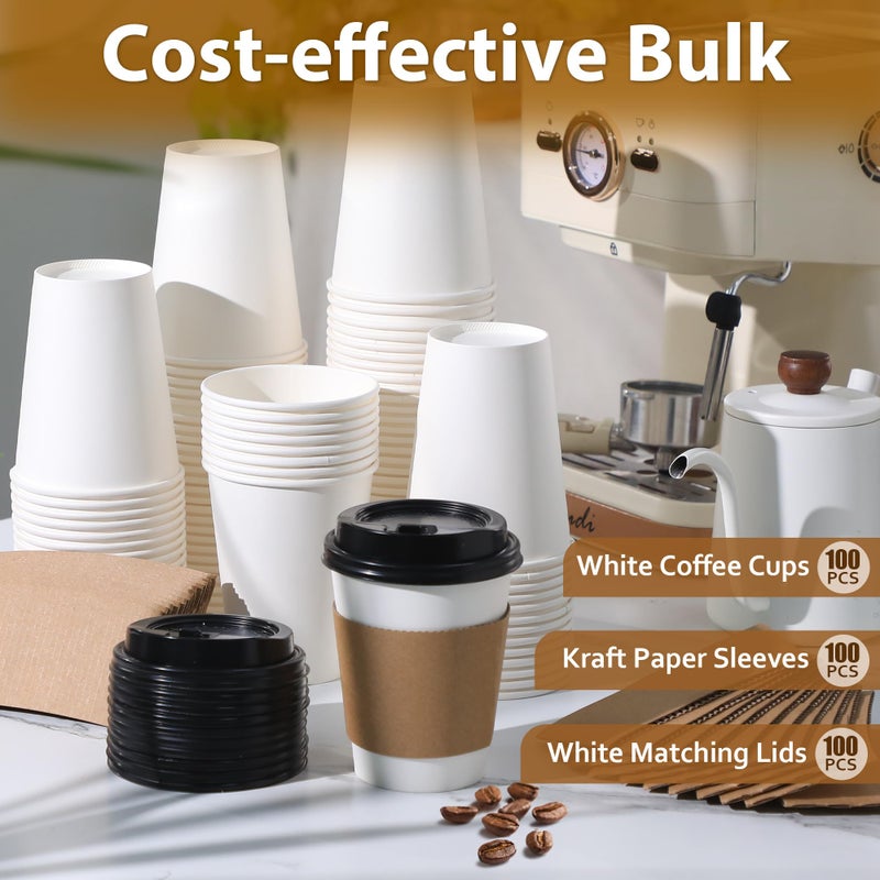 Clawsoff 100 Pack 12 oz Disposable Coffee Cups with Lids and Insulated Sleeves, Leak-free Paper and Sturdy Thick Paper Hot to Go Coffee Cups with Lids for Cold/Hot Beverage (White) - Image 5
