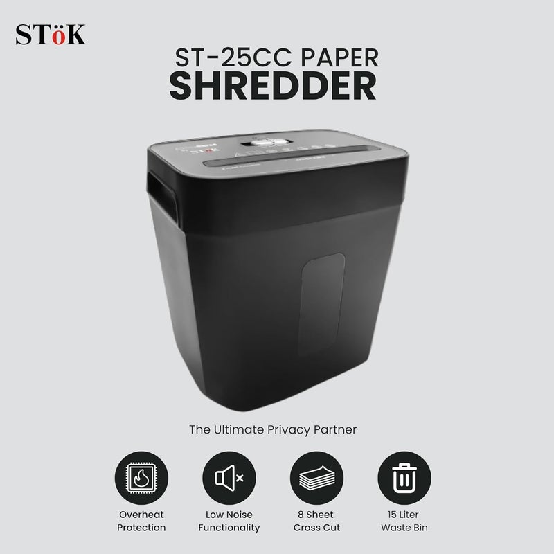 SToK STöK (ST-25CC) ماكينة تمزيق ورق تقطع 8 أوراق للاستخدام المنزلي والمكتبي، مستوى أمان عالي P-4، ماكينة تمزيق بطاقات ائتمان هادئة مع نظام مقاوم للاختناق، سعة سلة 15 لتر (ضمان خارجي لمدة عام) - Image 2