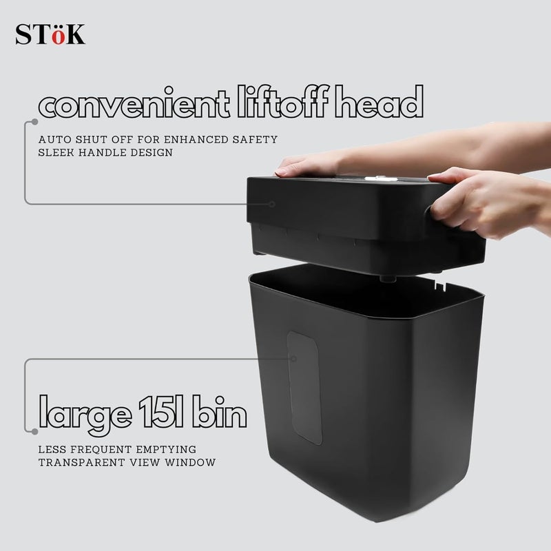 SToK STöK (ST-25CC) ماكينة تمزيق ورق تقطع 8 أوراق للاستخدام المنزلي والمكتبي، مستوى أمان عالي P-4، ماكينة تمزيق بطاقات ائتمان هادئة مع نظام مقاوم للاختناق، سعة سلة 15 لتر (ضمان خارجي لمدة عام) - Image 4