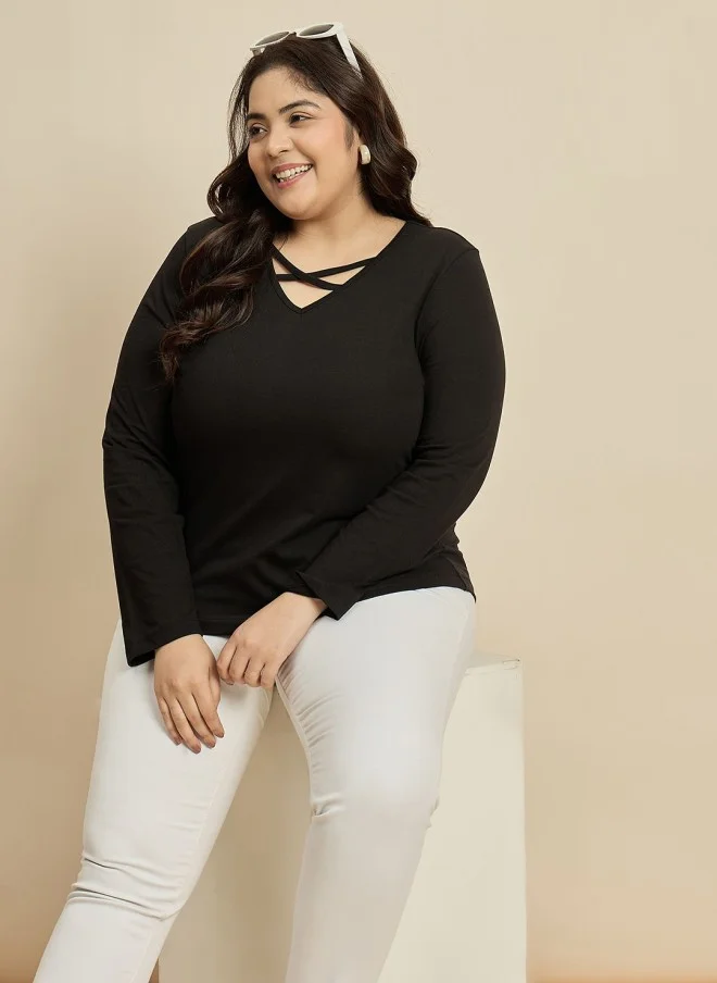 CURVY STREET Black V-Neck Cotton Plus Size T-Shirt for Women
