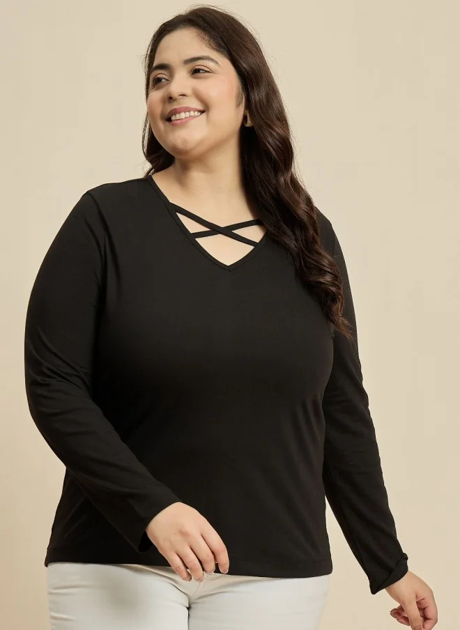 CURVY STREET Black V-Neck Cotton Plus Size T-Shirt for Women
