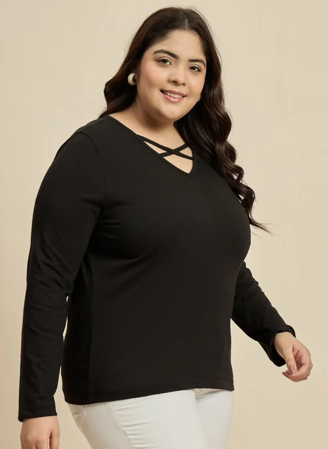 CURVY STREET Black V-Neck Cotton Plus Size T-Shirt for Women