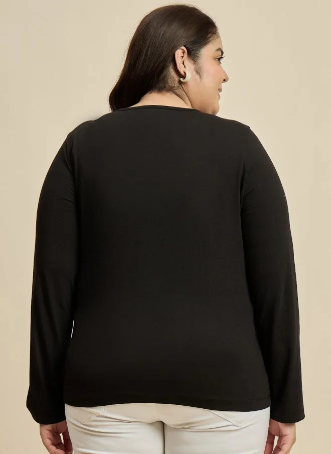 CURVY STREET Black V-Neck Cotton Plus Size T-Shirt for Women