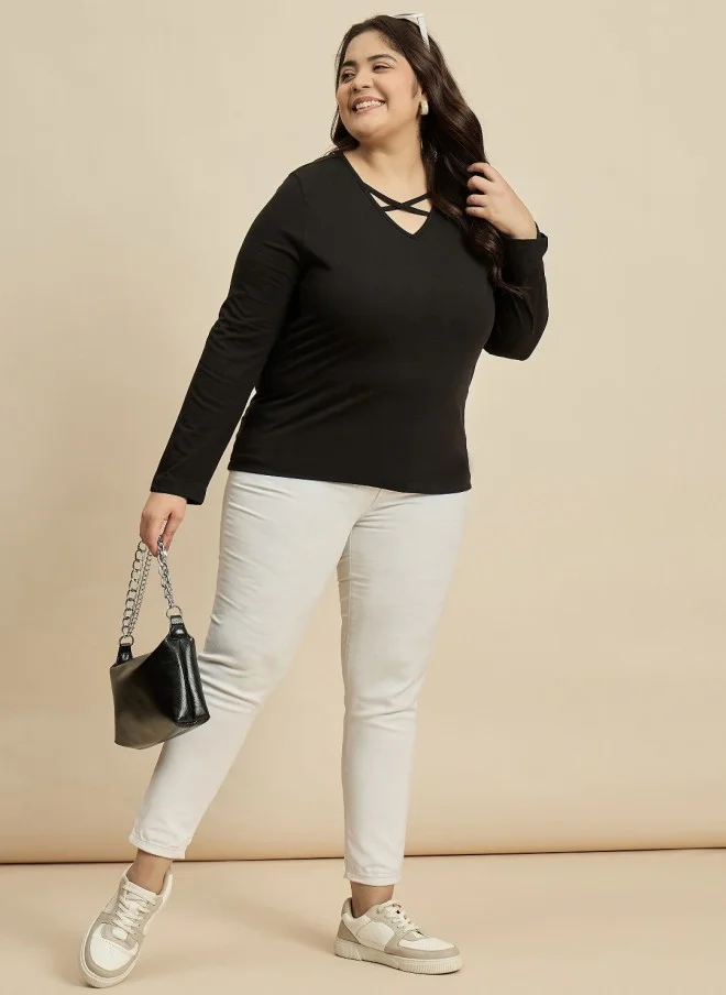 CURVY STREET Black V-Neck Cotton Plus Size T-Shirt for Women