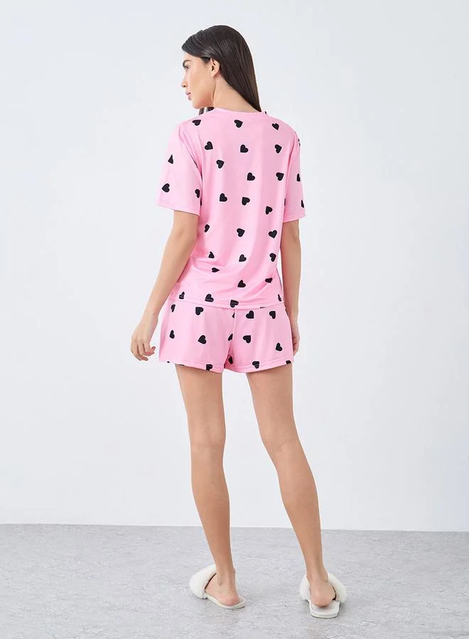Styli All Over Heart Print T-Shirt and Shorts Set