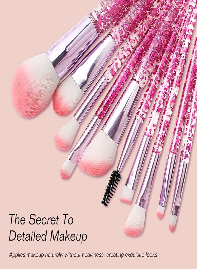 Jaasuee Bling Crystal Makeup Brush Set: 10-Piece Professional Glitter Brushes for Foundation, Concealer, Eye Shadow, Blush, Lip - Transparent Handles, Pink - Image 3
